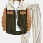 Corduroy Patchwork Hooded Shirt with Pockets & Corduroy Pants Set