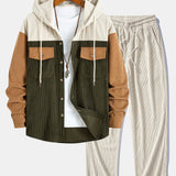 Corduroy Patchwork Hooded Shirt with Pockets & Corduroy Pants Set