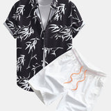 Bamboo Leaves Print Shirt & Swim Shorts Set