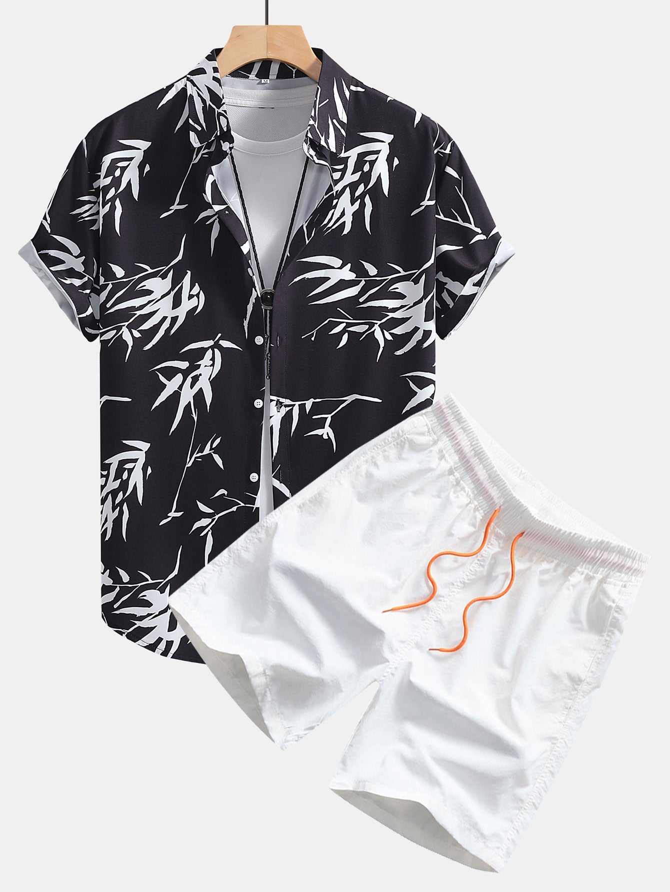 Bamboo Leaves Print Shirt & Swim Shorts Set