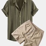 Geometric Striped Jacquard Shirt & Crinkle Textured Drawstring 5" Shorts Set