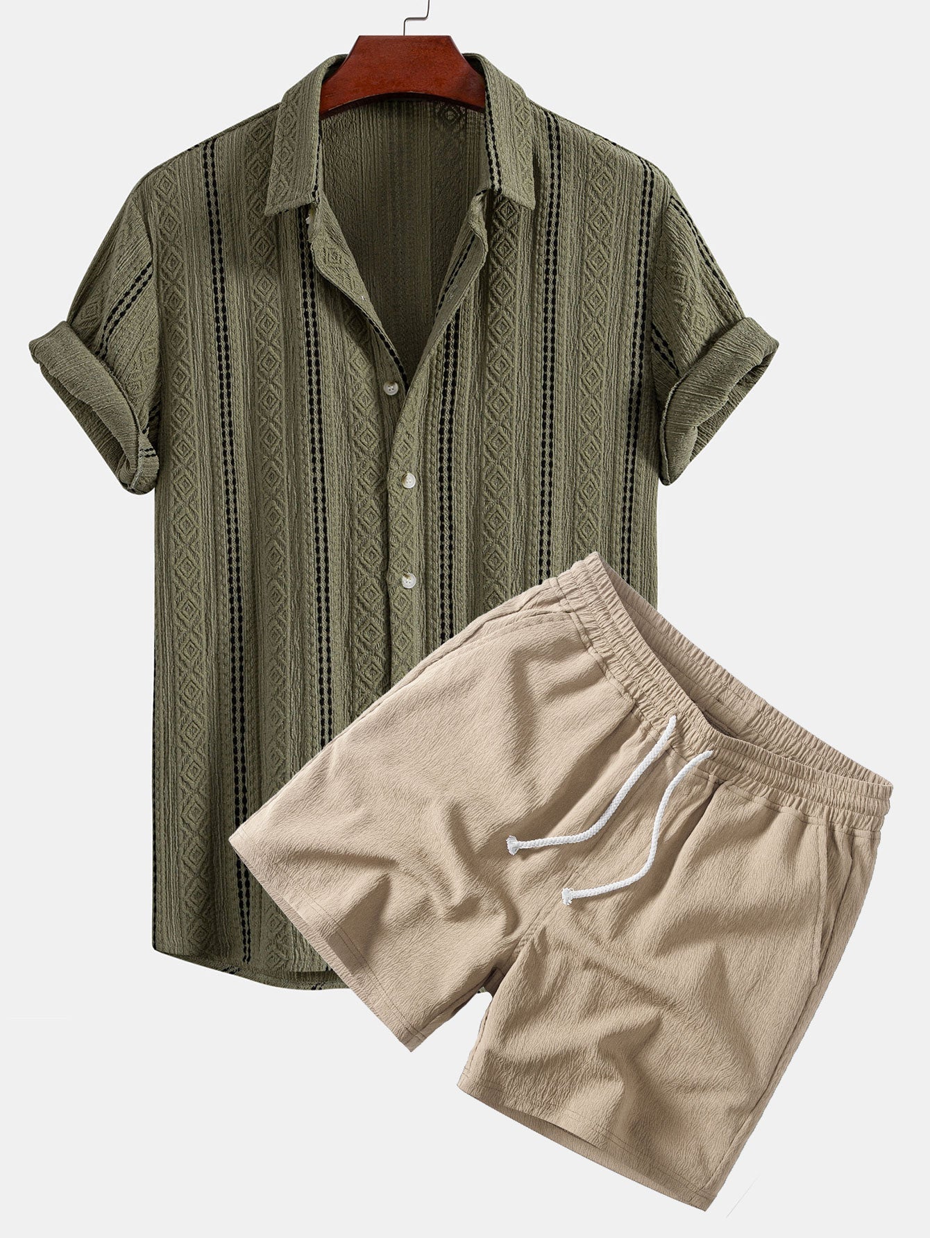 Geometric Striped Jacquard Shirt & Crinkle Textured Drawstring 5" Shorts Set