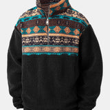 Quarter Zip Ethnic Geometric Patchwork Teddy Sweatshirt & Corduroy Pants Set