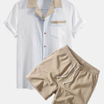 Crinkle Textured Contrast Cuban Shirt & Drawstring 5" Shorts Set