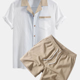 Crinkle Textured Contrast Cuban Shirt & Drawstring 5" Shorts Set