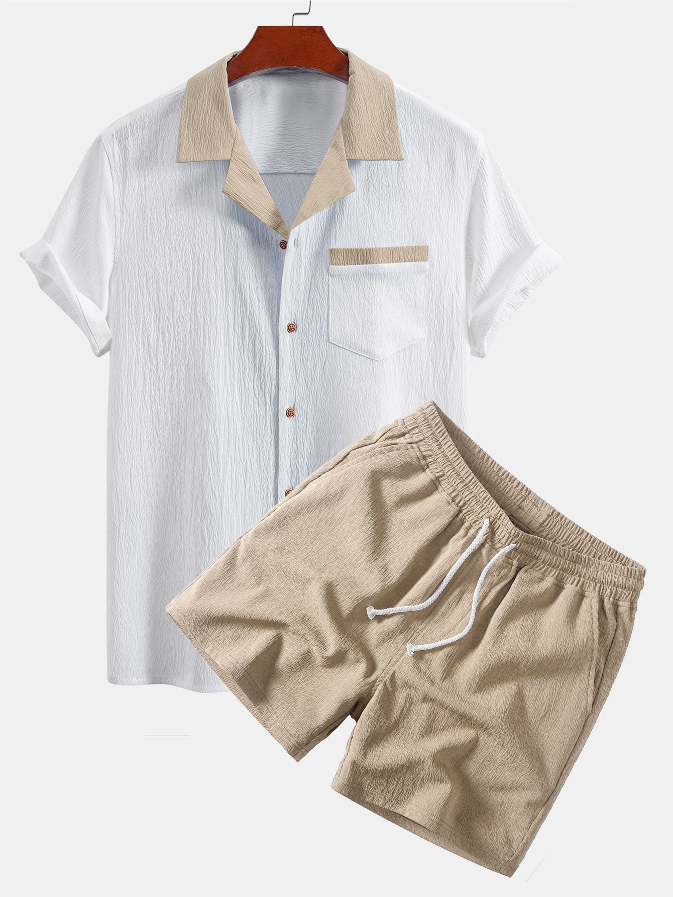 Crinkle Textured Contrast Cuban Shirt & Drawstring 5" Shorts Set