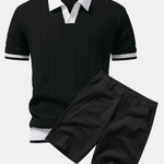 Texture Contrast Knitted V Neck Polo Shirt & Cotton Chino Shorts Set