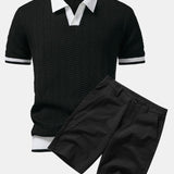Texture Contrast Knitted V Neck Polo Shirt & Cotton Chino Shorts Set