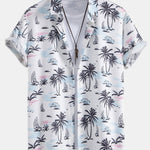 Palm Tree Sailboat Print Shirt & Man Mid Length Drawstring Swim Shorts Set