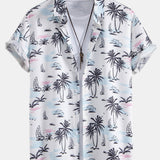 Palm Tree Sailboat Print Shirt & Man Mid Length Drawstring Swim Shorts Set
