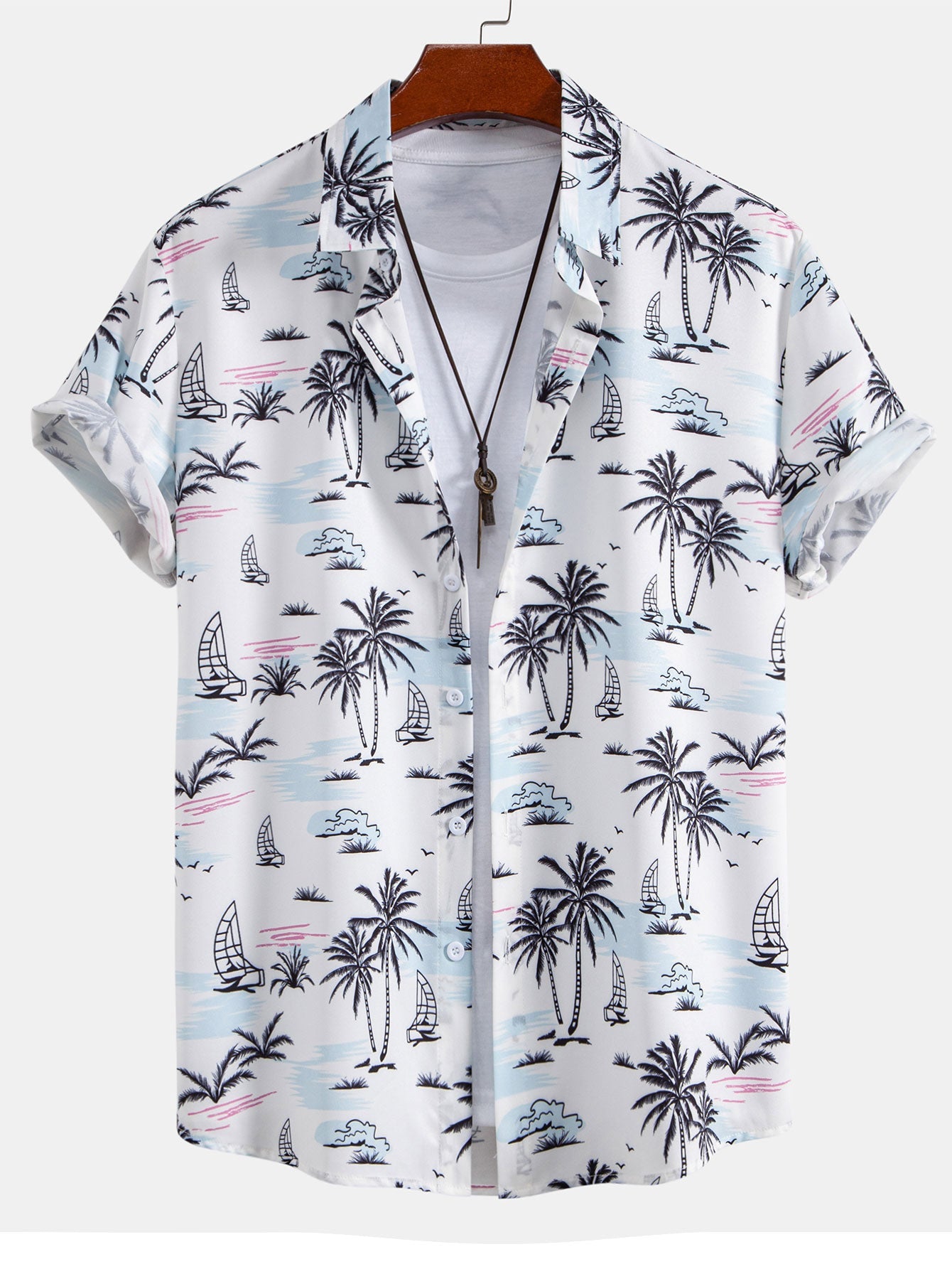 Palm Tree Sailboat Print Button Up Shirt