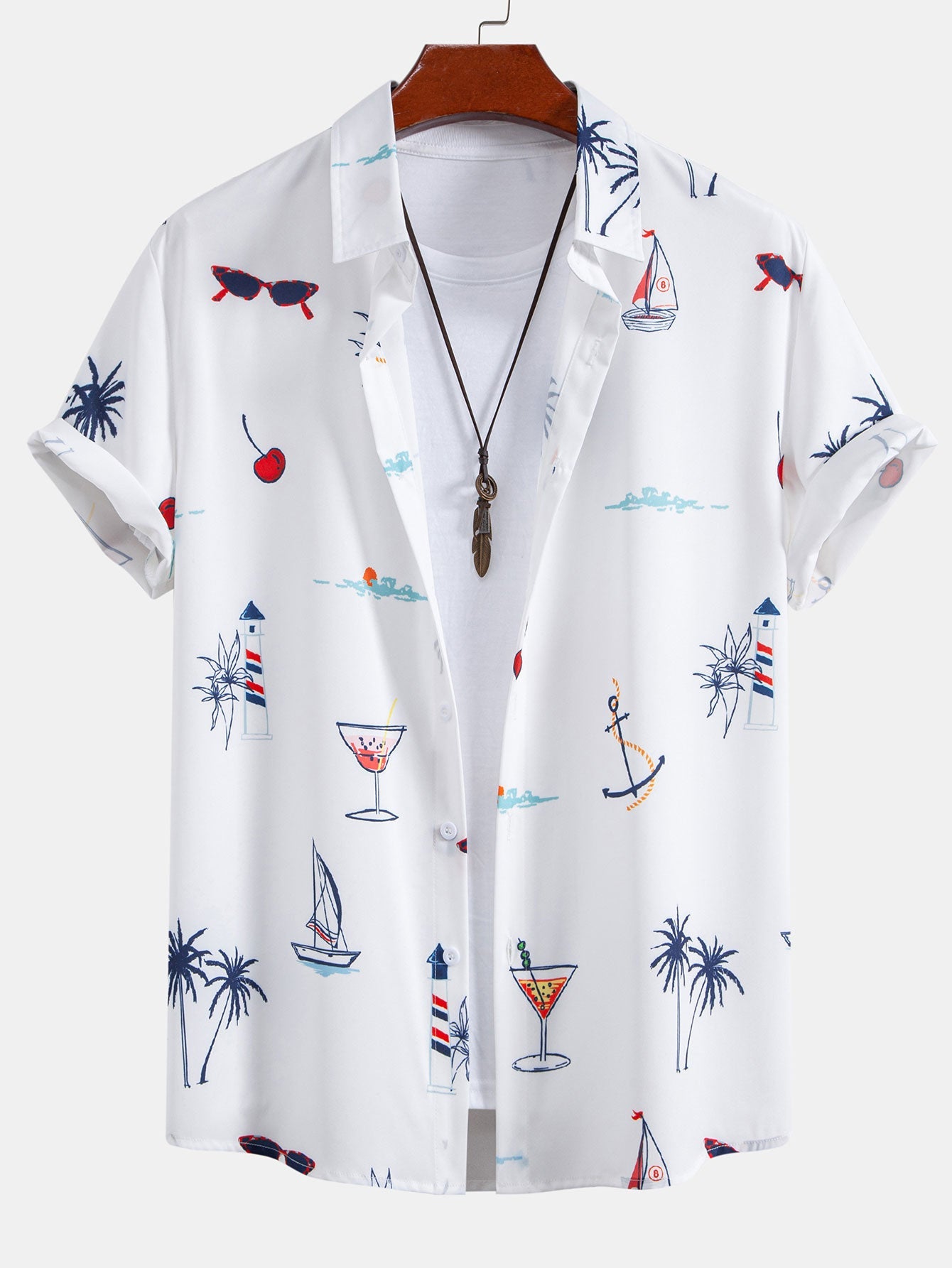 Palm Tree Nautical Print Shirt & Stripe Print Swim Shorts Set