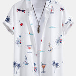 Palm Tree Nautical Print Shirt & Drawstring Swim Shorts Set