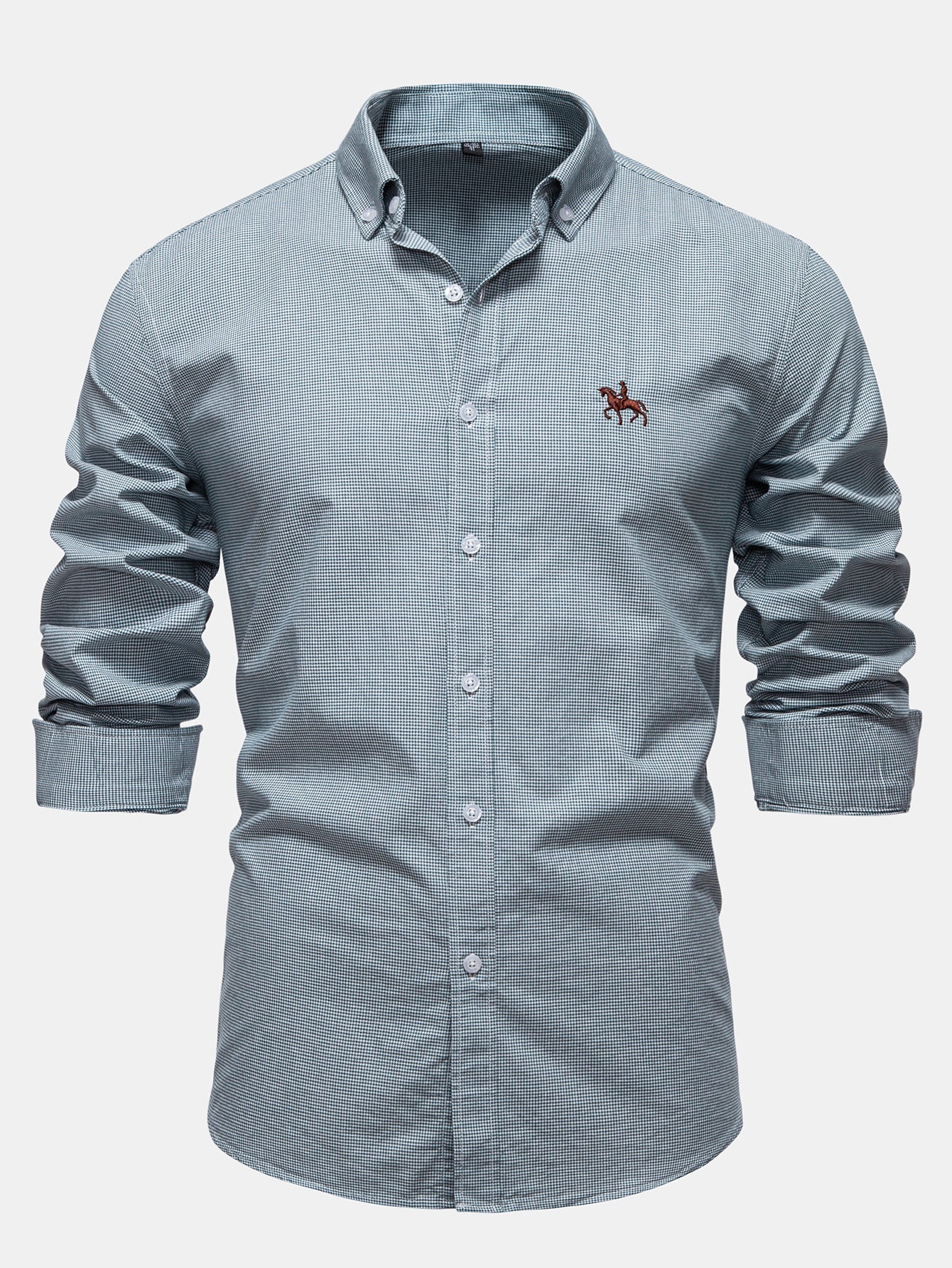Cowboy Embroidery Cotton Houndstooth Button Up Shirt