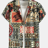 Palm Tree Turtle Ethnic Geometry Print Button Up Shirt