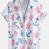 Coral Anchor Print Button Up Shirt