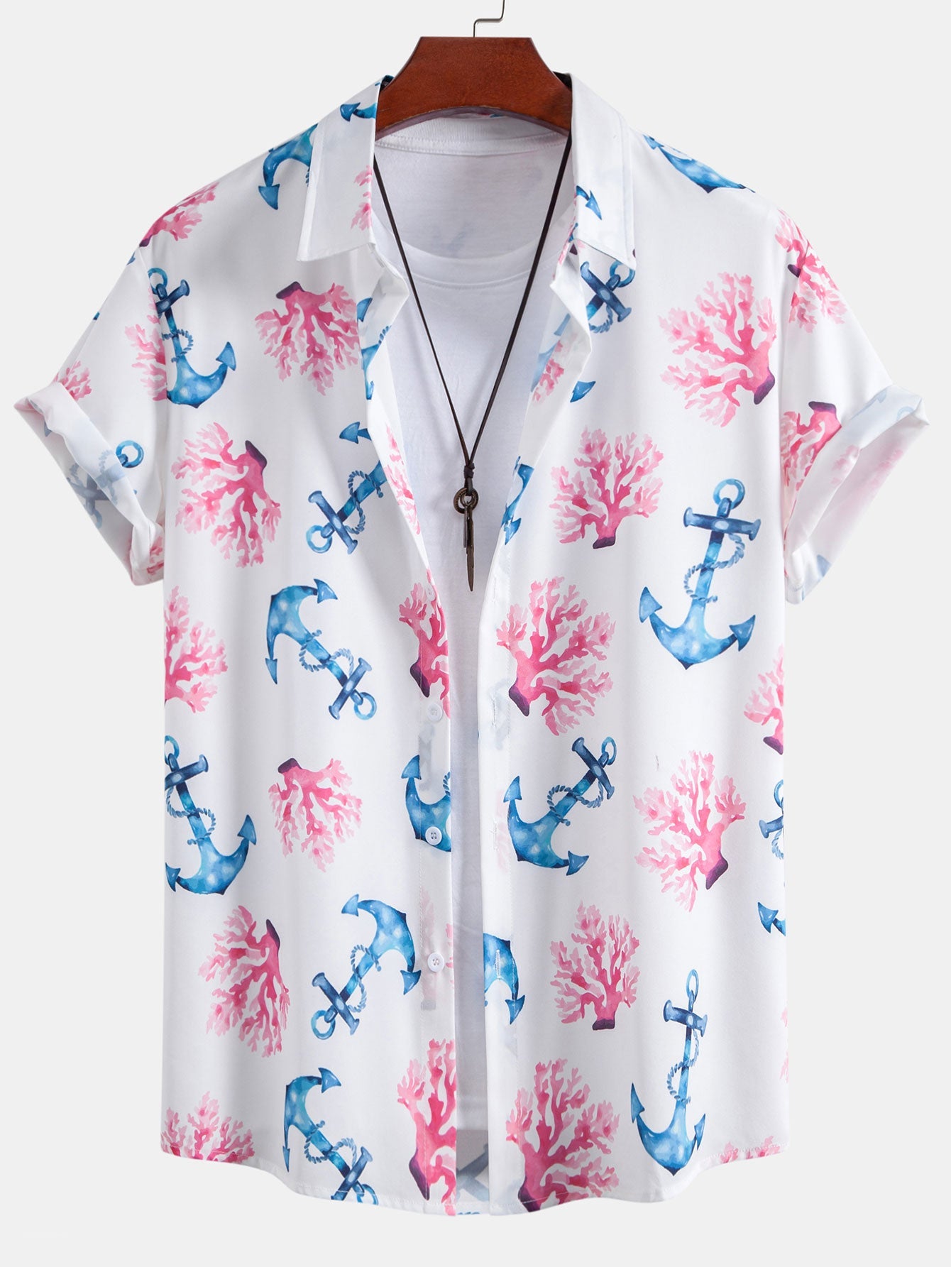 Coral Anchor Print Button Up Shirt