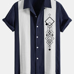 Geometric Rhombus Print Linen Patchwork Bowling Shirt