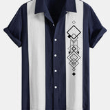 Geometric Rhombus Print Linen Patchwork Bowling Shirt