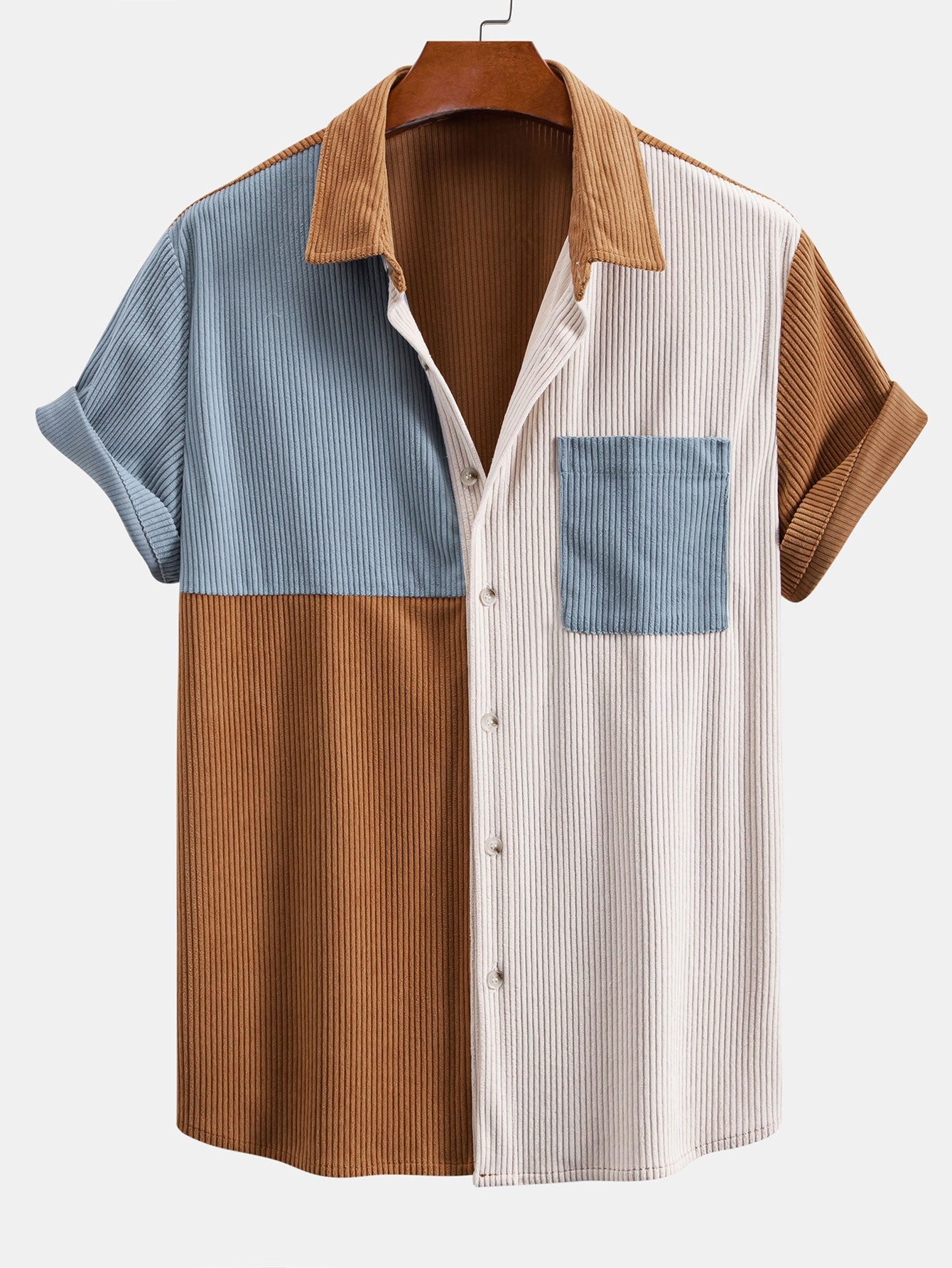 Colorblock Corduroy Shirt & Corduroy Drawstring Shorts Set