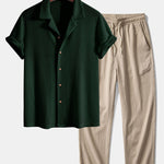 Short Sleeve Knitted Waffle Cuban Shirt & Crinkle Textured Pants Set