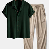 Short Sleeve Knitted Waffle Cuban Shirt & Crinkle Textured Pants Set