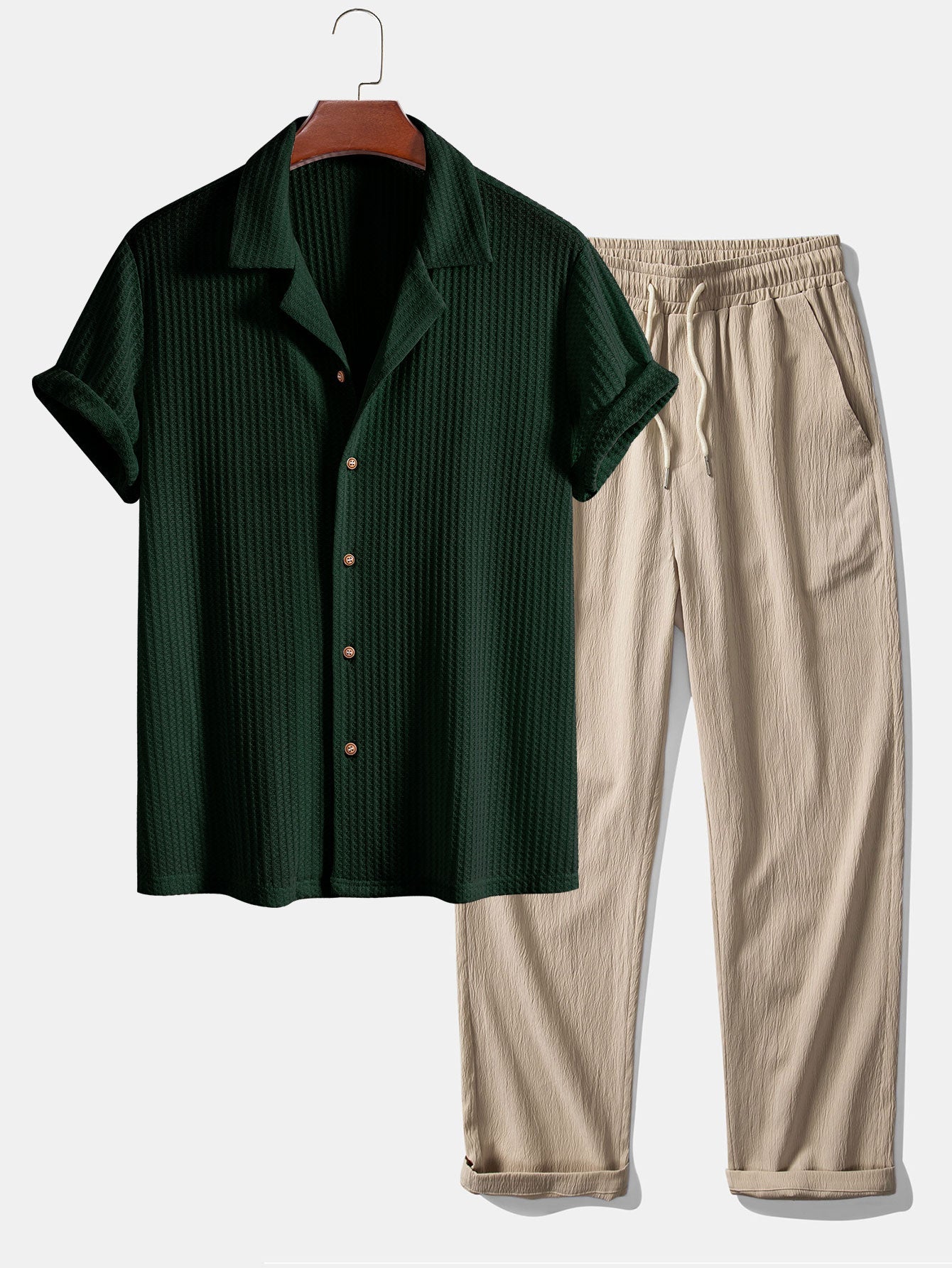 Short Sleeve Knitted Waffle Cuban Shirt & Crinkle Textured Pants Set
