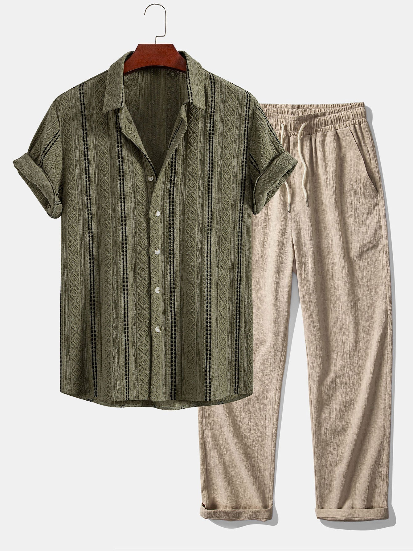 Geometric Striped Jacquard Shirt & Crinkle Textured Pants Set