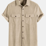 Short Sleeve Patch Pockets Corduroy Shirt
