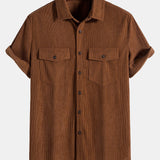 Short Sleeve Patch Pockets Corduroy Shirt