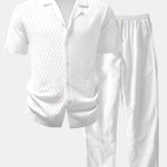 Zig Zag Open Knit Shirt & Straight Leg Linen Pants Set