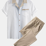 Textured Contrast Cuban Shirt & Straight Leg Pants Set