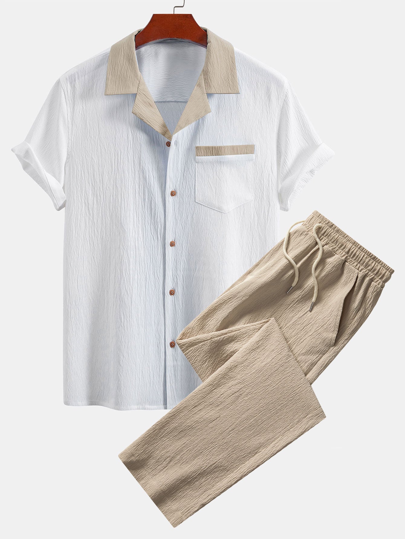 Textured Contrast Cuban Shirt & Straight Leg Pants Set