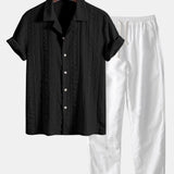 Geometric Jacquard Textured Cuban Shirt & Straight Leg Linen Pants Set