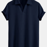 Short Sleeved V-Neck Ribbed Polo & Straight Leg Ribbed Pants Set