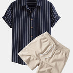 Cotton Blend Striped Shirt & Crinkle Textured Drawstring 5" Shorts Set