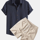 Cotton Blend Striped Shirt & Crinkle Textured Drawstring 5" Shorts Set