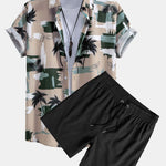 Palm Tree Color Block Print Shirt & Swim Shorts Set
