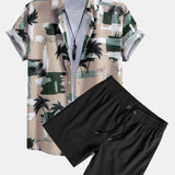 Palm Tree Color Block Print Shirt & Swim Shorts Set
