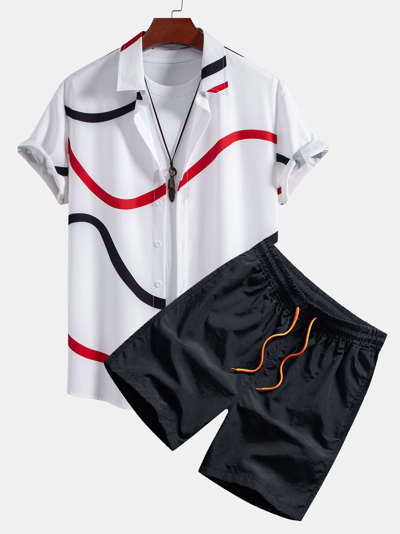 Line Print Shirt & Swim Shorts Set