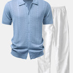 Twisted Jacquard Button Up Knit Shirt & Straight Leg Linen Pants Set