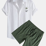 California Palm Tree Print Linen Cotton Shirt & Swim Shorts Set