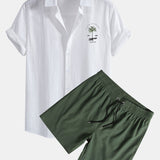 California Palm Tree Print Linen Cotton Shirt & Swim Shorts Set