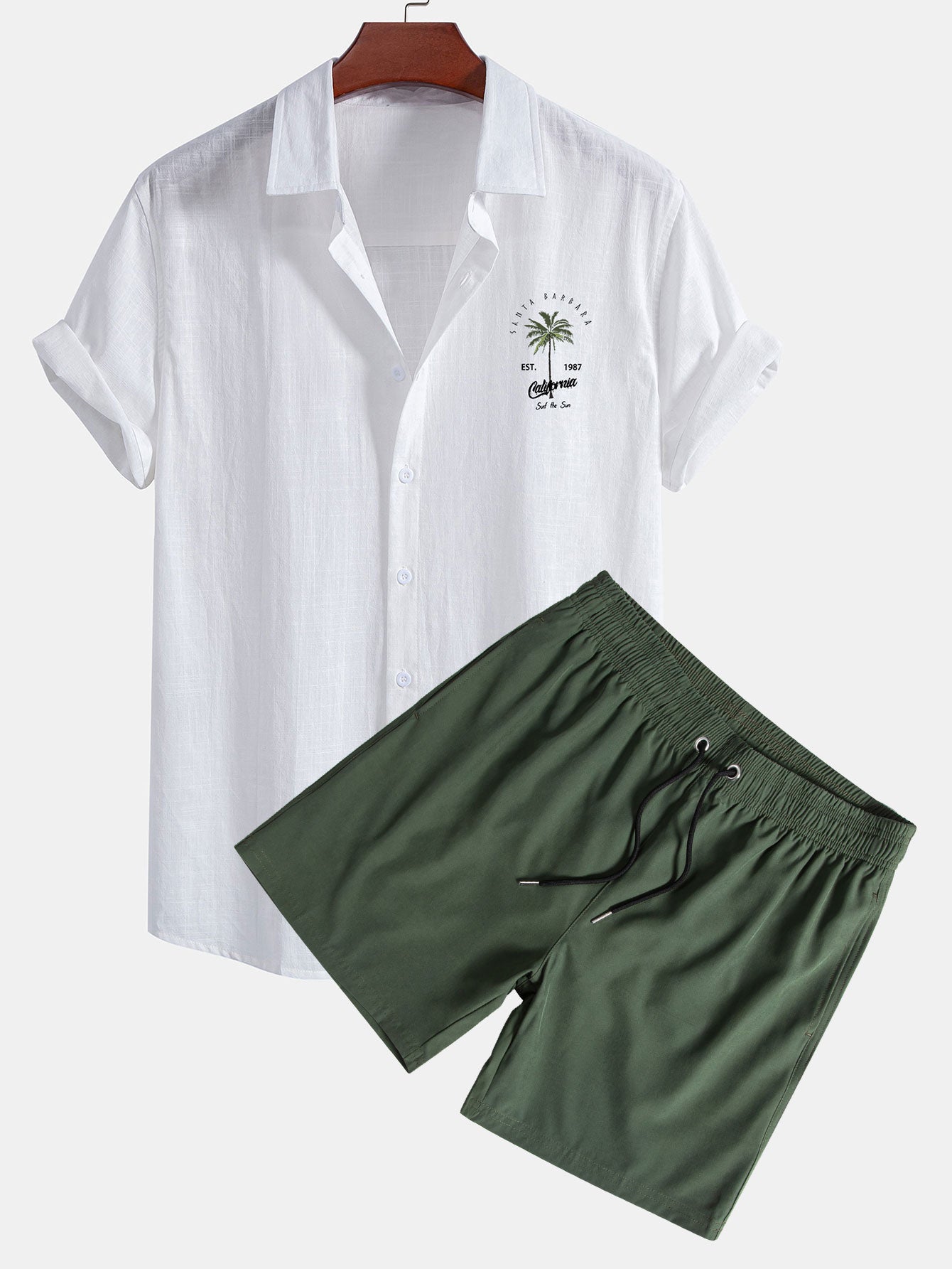 California Palm Tree Print Linen Cotton Shirt & Swim Shorts Set