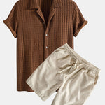 Texture Jacquard Cuban Shirt & Linen Cotton Blend Drawstring Shorts Set