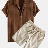 Texture Jacquard Cuban Shirt & Linen Cotton Blend Drawstring Shorts Set
