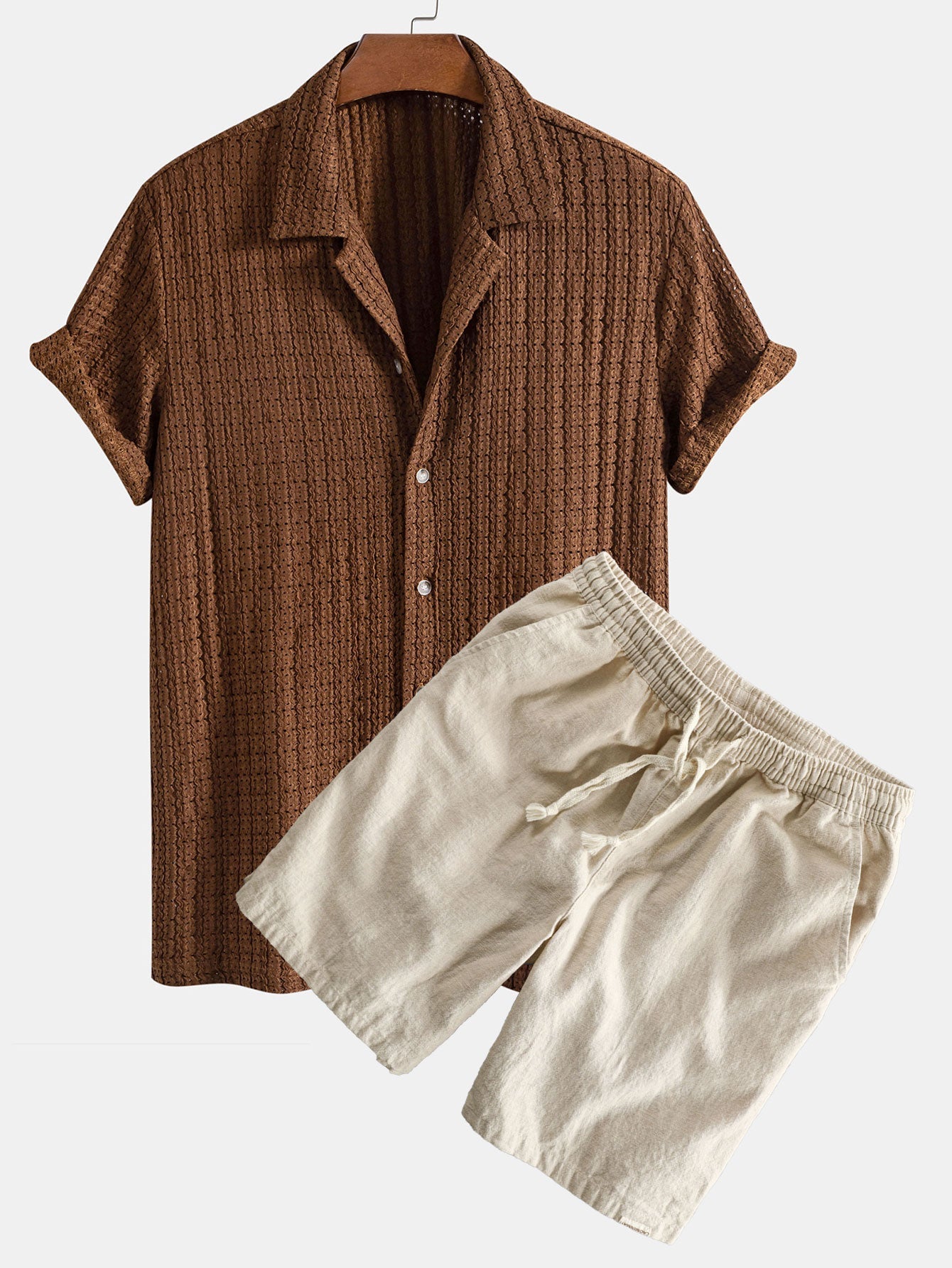 Texture Jacquard Cuban Shirt & Linen Cotton Blend Drawstring Shorts Set