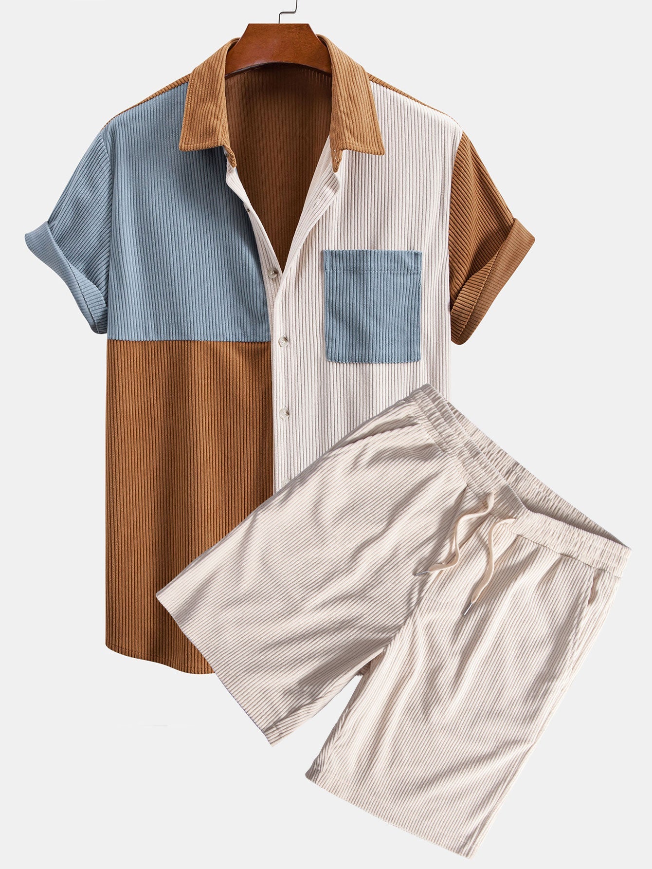 Colorblock Corduroy Shirt & Corduroy Drawstring Shorts Set