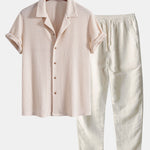 Short Sleeve Knitted Waffle Cuban Shirt & Straight Leg Linen Pants Set