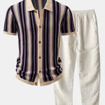 Stripe Eyelet Crochet Shirt & Straight Leg Linen Pants Set